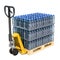 Hydraulic pallet jack with water bottles wrapped in the shrink f
