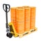 Hydraulic pallet truck with yellow barrels, 3D rendering