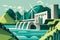 Hydroelectricity in Motion vector style Illustration of a Dam and Turbines Harnessing the Power of Water