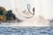 Hydroflight sportsman flying on flyboard at South Russian Aquabike Championship