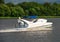 A hydrofoil boat moves at high speed