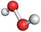 Hydrogen peroxide molecule. Reactive oxygen species (ROS). Used as bleaching agent, disinfectant, chemical reagent, etc. Atoms are