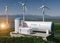Hydrogen renewable energy production - hydrogen gas for clean electricity solar and windturbine facility. 3d rendering