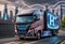 Hydrogen truck with H letter logo on the road. 3d rendering, generative ai