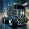 Hydrogen truck with letter H in the city. 3D rendering., generative ai