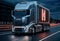 Hydrogen truck with letter H on the road. 3D rendering., generative ai