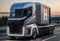 Hydrogen truck on the road with glowing headlights. 3d rendering., generative ai