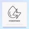 Hydropower: water drop with energy symbol. Thin line icon. Modern vector illustration of renewable energy