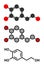 Hydroxytyrosol olive oil antioxidant molecule. Stylized 2D renderings and conventional skeletal formula.