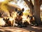 A hyena family resting in the shade of acacia trees in the midday heat