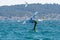 Hyeres, Almanarre beach, France, July 10, 2021. Extreem water sport - wing foil, kite surfing, wind surfindg, windy day on