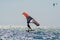 Hyeres, Almanarre beach, France, July 10, 2021. Extreem water sport - wing foil, kite surfing, wind surfindg, windy day on