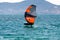 Hyeres, Almanarre beach, France, July 10, 2021. Extreem water sport - wing foil, kite surfing, wind surfindg, windy day on