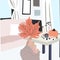Hygge autumn illustration of happy person with orange leaf in cozy interior in trendy Scandinavian style.