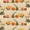 Hygge Autumn and winter pattern border design. Cute and cosy vector seamless repeat banner. Illustration of scarfs, mittens,