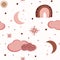 Hygge bakground. Hygge Autumn and winter pattern. Cute and cosy vector seamless pattern. Illustration of moon, clouds, rainbow and