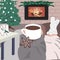 Hygge card with person near the hearth in warm sweater and socks. Enjoy moment with mug and hot drink.
