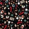 Hygge christmas seamless pattern with cute and cozy christmas items on a black background. dark xmas wrapping paper.