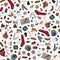 Hygge christmas seamless pattern with cute and cozy christmas items on a white background. dark xmas wrapping paper.