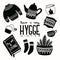 Hygge concept with black and white hand lettering and illustration design. Scandinavian folk motives. Cozy atmosphere at home.