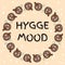 Hygge mood banner with cups of hot chocolate with marshmallow. Hand drawn cartoon style postcard, cute wreath ornament design