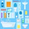 Hygiene accessories vector illustration. Bathroom set, washing, bathing, cleanliness pattern. Bath texture. Soap, towel