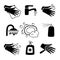 Hygiene black icons. Antiseptic cream and hands washing, antibacterial soap and personal towel silhouette icon set