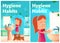 Hygiene habits cartoon posters. girl washing hands