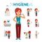 Hygiene infographic elements. Woman is busy, cleanliness, bathing, toilet, laundry, taking a bath, brushing teeth