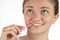 Hygiene of the oral cavity. Young girl cleans teeth with floss,