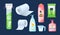 Hygiene product personal care. Shower gel, oil, antibacterial spray, washing powder with measuring cup, shampoo, toilet paper