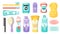 Hygiene set. Cartoon body and face skin care daily cosmetics. Shower clip art collection. Soap and shampoo. Isolated