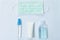 Hygienic mask for protection nose and mouth with alcohol or gel based hand sanitizer for washing and cleaning disease in white bac