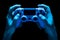 Hyman hands holding white video game gamepad in neon lights isolated on a black