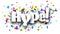 Hype sign over colorful cut ribbon confetti background