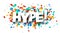 Hype sign over colorful cut ribbon confetti background