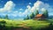 Hyper-detailed Pixel Art: Cartoon Cottage On Grassy Mountains