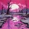 Hyper-detailed Surrealistic Cartoon Pink Sky And Icy Water In Apocalyptic Landscape