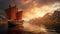 Hyper-Detailed Viking Ship Gliding through Norwegian Fjord at Sunset. Captured in National Geographic Style. Generative AI