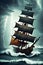 Hyper Fantasy pirate ship in storm sea, Millennium, thunder storm,tornado, high tide, look haunted, AI Generative