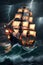 Hyper Fantasy pirate ship in storm sea, Millennium, thunder storm,tornado, high tide, look haunted, AI Generative