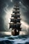 Hyper Fantasy pirate ship in storm sea, Millennium, thunder storm,tornado, high tide, look haunted, AI Generative