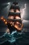 Hyper Fantasy pirate ship in storm sea, Millennium, thunder storm,tornado, high tide, look haunted, AI Generative