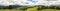 Hyper panorama of the Italian Dolomites. View of peaks and meadows with forests