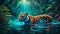 hyper realism colorful bioluminescent baby tiger in a tropical jungle swimming in a lake