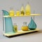 Hyper-realistic 3d Shelf With Vases And Glasses In Yellow And Aquamarine