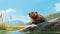 Hyper-realistic Beaver Illustration On Log With Lush Landscape Background