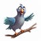 Hyper-realistic Cartoon Illustration Of A Crazy Pigeon On A Twig