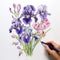 Hyper-realistic Hand Holding Colored Pencils: Iris Line Art With Wild Flowers