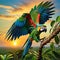 Hyper realistic nature scenery capturing ultra zoom close up of a parrot in greenary